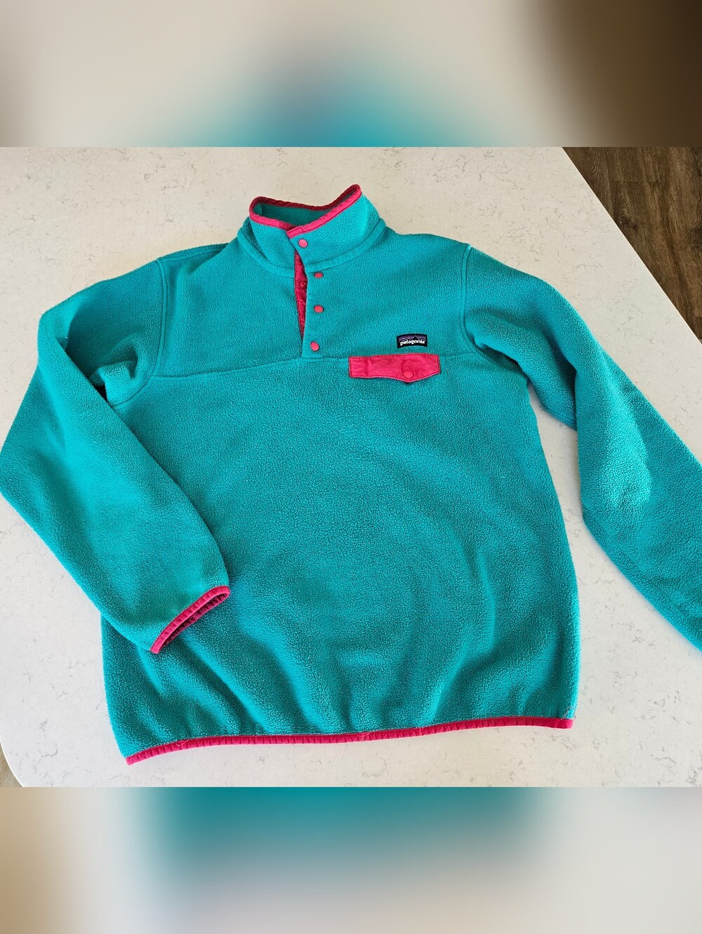 Vintage Rare Patagonia Synchilla Turquoise Fleece Pink Trim, LG/Oversize Wmns